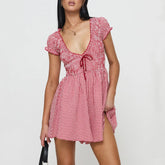 BXOXO Women Y2k Gingham Playsuit Short Sleeve Smocked Babydoll Bodysuit Rompers Flowy A-Line Club Dress Retro Streetwear